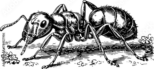 Ant silhouette in vintage engraving style. A hand-drawn black outline vector illustration showcasing fine details in a classic design.