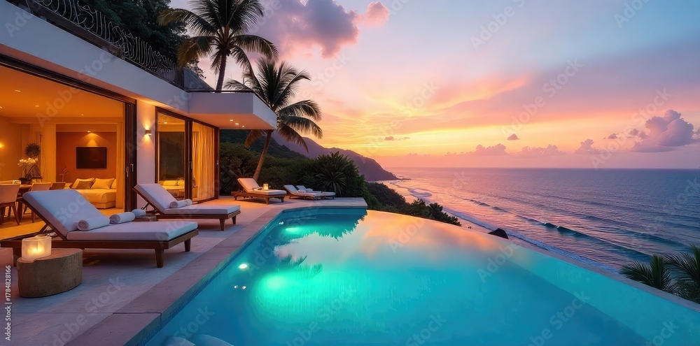 Obraz premium Luxurious villa with private pool and stunning ocean views, perfect for a relaxing getaway Enjoy breathtaking sunsets and ultimate privacy , ocean, design, pool