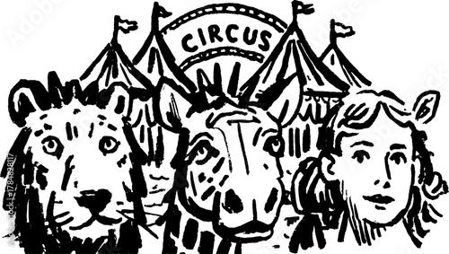 Circus illustration featuring a lion, zebra, and girl in hand-drawn style. This black outline vector art captures a festive atmosphere in a set.