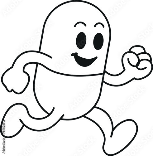 Running capsule character mascot, clean minimal vector line art.