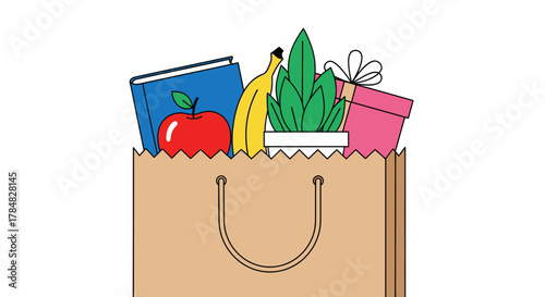 Fresh groceries and gifts overflowing from a reusable shopping bag, promising a healthy lifestyle with thoughtful surprises for loved ones