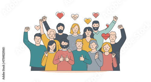 Diverse group celebrating unity and love, raising fists in solidarity and support, hearts floating above, fostering community spirit and teamwork, originally a vector graphic