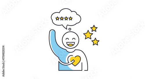 Delighted customer celebrating five star service with heart, excellent feedback, glowing reviews, feeling valued and supported, a scalable graphic