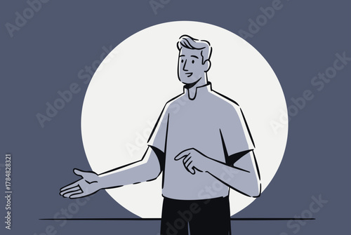 Dynamic presenter gesturing confidently, engaging audience with insightful ideas against a modern, minimalist backdrop, perfect for business presentations