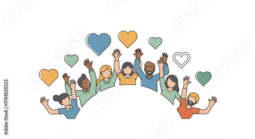 Diverse people celebrating together with love and support, a feeling of community and happiness with arms raised, originally a scalable vector graphic