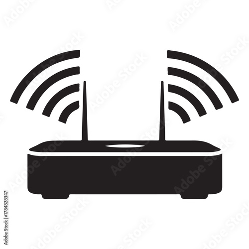 Black icon of a Wi- Fi router with two antennas and signal waves Keywords: wifi router, wifi, wireless