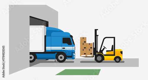 Efficient delivery logistics with a forklift unloading boxes from a truck at a warehouse, perfect for illustrating supply chain management