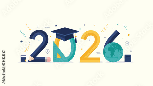 Class of 2026 and Happy New Year 2026 education banner; a design with a graduation cap, pencil, and globe icons for school, university, or graduation