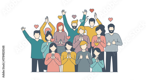 Diverse people group celebrating, showing appreciation and support with hearts, conveying unity, gratitude, and success, originally a vector graphic