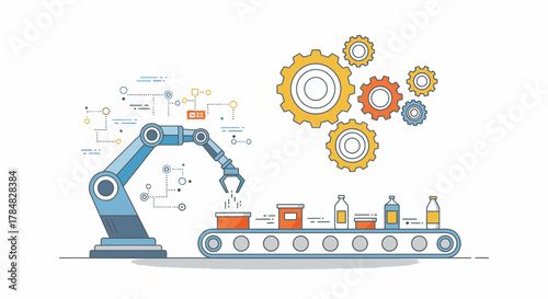 Modern automated factory assembly line with robotic arm filling containers, gears showcase precision and efficiency, perfect for industry 4.0 concepts