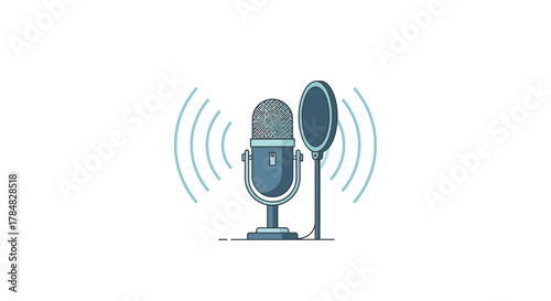 Podcast recording microphone ready for broadcast, a modern studio microphone for voice over talent and audio production with sound waves emitting outward