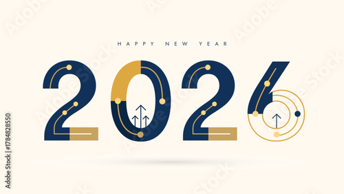 Corporate Happy New Year 2026 banner for business and tech; a modern, futuristic design with gold icons symbolizing growth, data, and future strategy for 2026