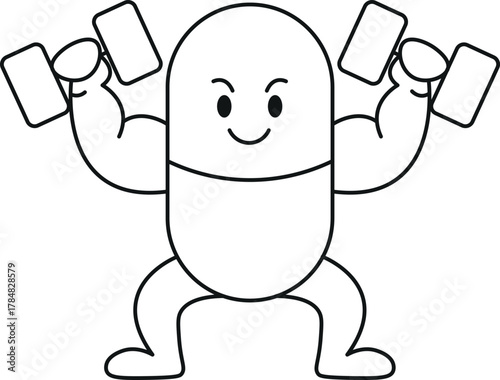 Strong capsule mascot lifting dumbbells, vector line art.
