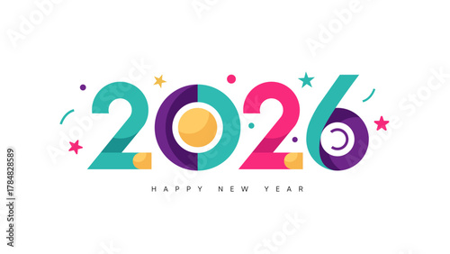 Colorful Happy New Year 2026 banner; a modern and playful typography design with vibrant colors, confetti, and geometric shapes for a New Year's Eve party