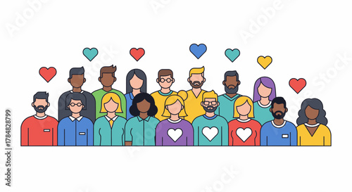 Diverse team celebrates community support and love with colorful hearts, a modern vector showcasing unity, diversity, and connection for social campaigns