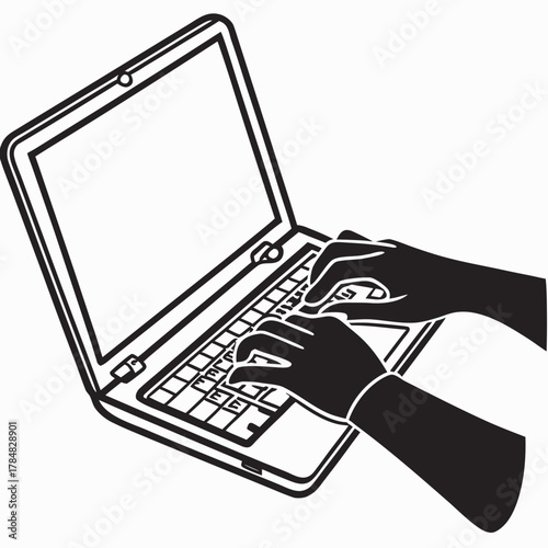 Hands typing on a laptop keyboard in a stylized illustration
