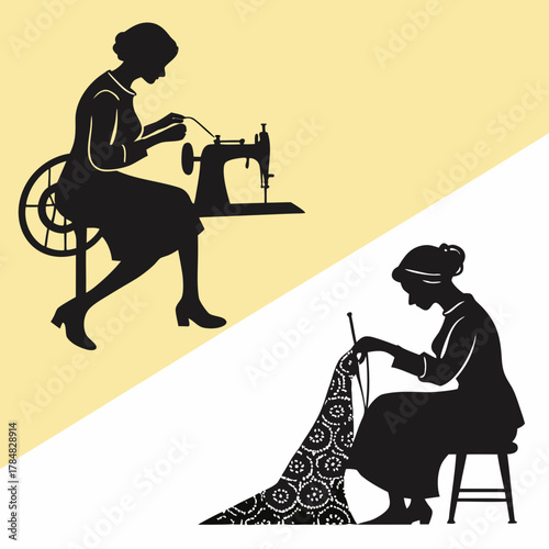 Silhouette of women sewing and knitting vintage crafts