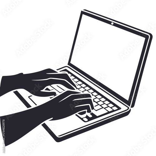 Hands typing on a laptop computer keyboard in a stylized graphic