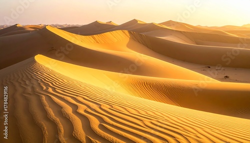 朝日に照らされた砂丘と風紋が広がる静かな砂漠風景
