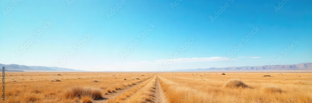 Fototapeta premium Vast, flat expanse of land stretching to the horizon under a clear blue sky Perfect for concepts of freedom, travel, and serenity Ideal for backgrounds or textures , tranquility, untouched, wild