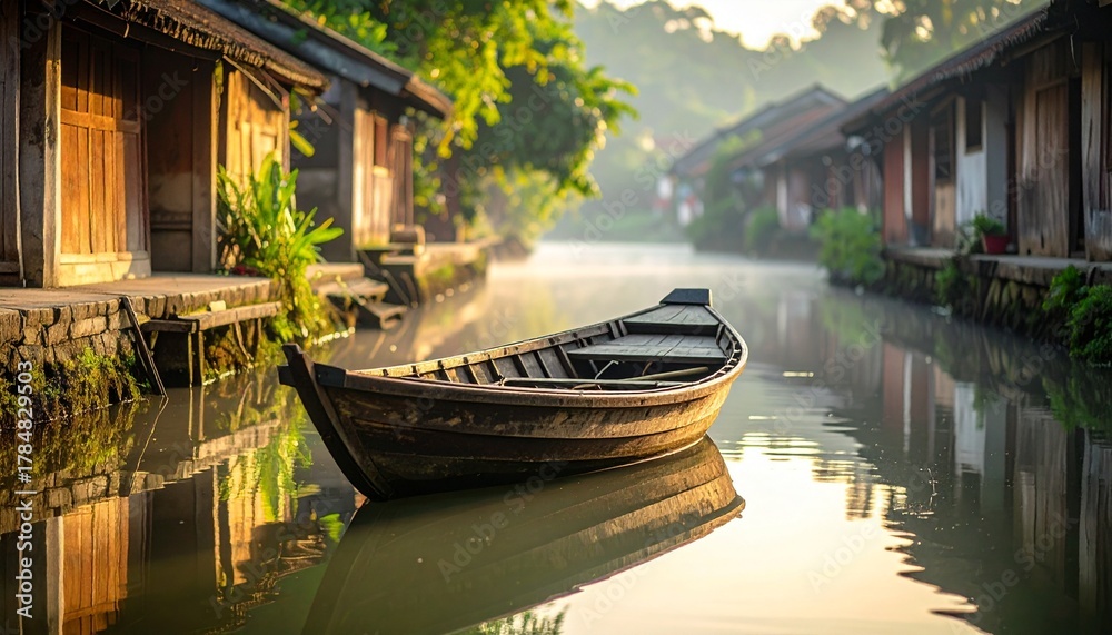 Obraz premium 静かな川辺と木造家屋のある風景｜Tranquil Riverside Scene with Traditional Wooden Houses and Boat 