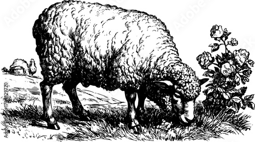 Vintage drawing of a sheep grazing on grass among flowers. Black and white vector illustration depicting a rural landscape set of rustic elements.