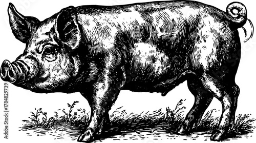 Vintage engraving of a pig in detailed outline style. This black and white vector illustration portrays a realistic animal.