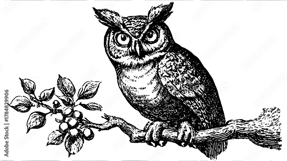 Obraz premium Vintage owl illustration in black and white, detailed outline drawing. Classic engraving of a bird perched on a branch with leaves in vector format.