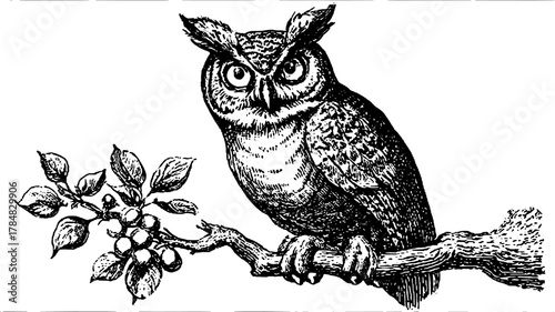 Vintage owl illustration in black and white, detailed outline drawing. Classic engraving of a bird perched on a branch with leaves in vector format.