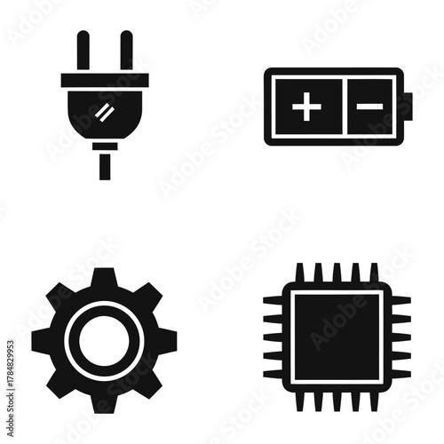 Four black icons: electrical plug, battery, gear, and CPU chip symbols technology
