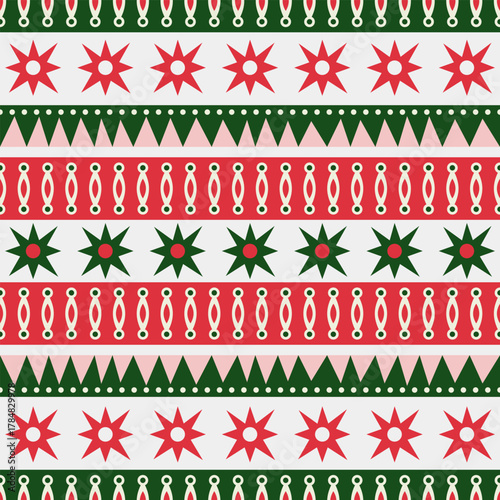 Festive vintage seamless pattern. Retro ornament of paper cut stars and zigzag ribbons. Scrapbooking background. Fabric textile print