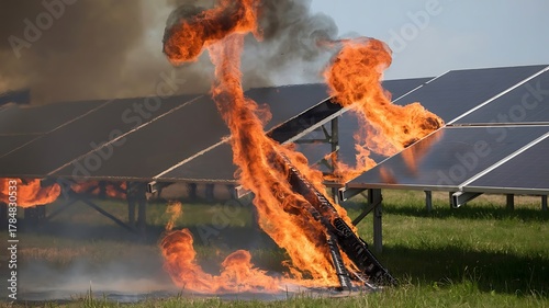 Solar panels on fire with bright orange flames and dark smoke burning