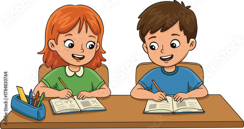 Happy school children studying together at classroom desk, cute boy and girl writing in notebooks, education, learning, friendship, teamwork illustration