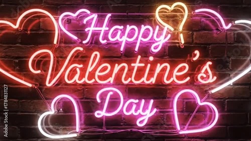 Neon Happy Valentine’s Day Text Animation with Glowing Hearts