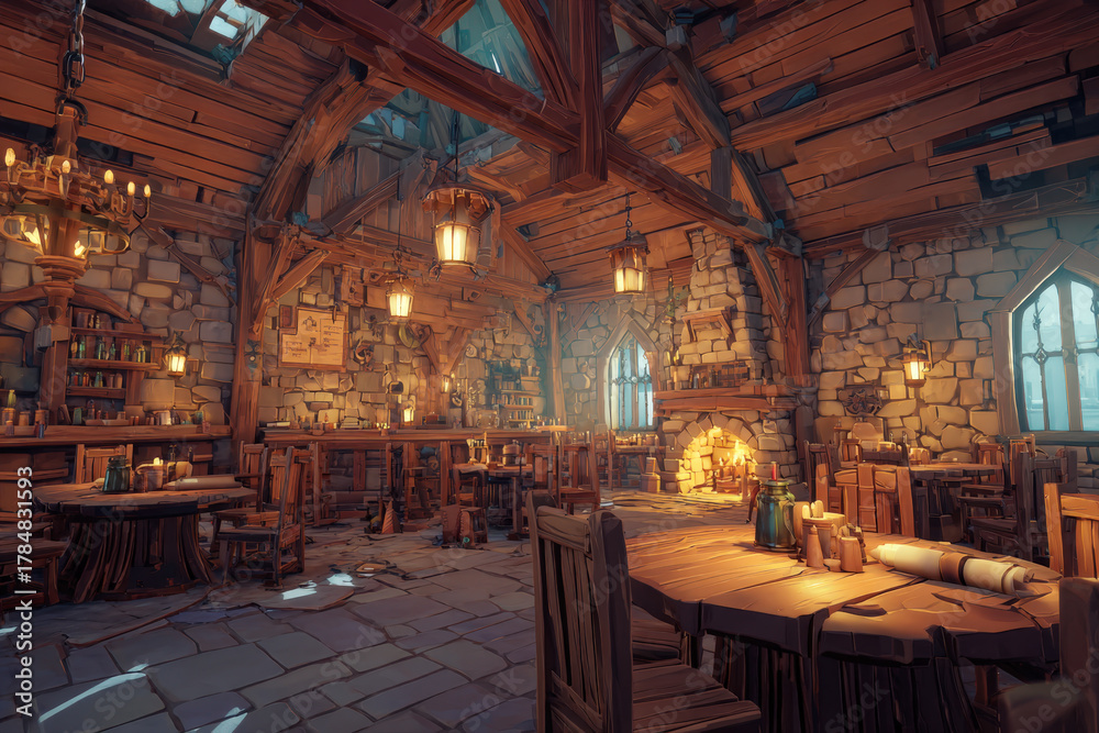 Naklejka premium Medieval Fantasy Tavern, Inn, or Guild Hall Featuring Rough Stone Walls, Exposed Wooden Beams, Crackling Fireplace, Warm Lantern Light, Scattered Tables, Perfect for RPG Gaming or Historical Themes