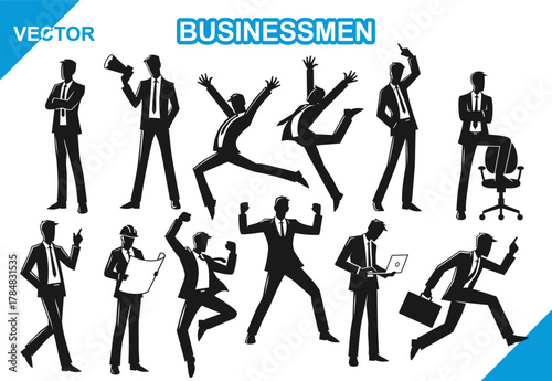 silhouette businessmen or entrepreneurs in different poses. businessmen, leader, employee in different poses. business infographic, presentation, investing, finance, managing etc conceptual use