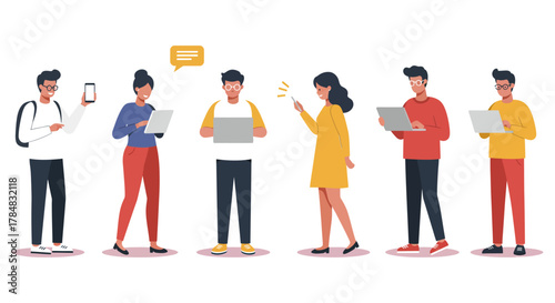 people using devices diverse group with laptops and smartphones connecting and communicating illustrating modern digital communication and social networking