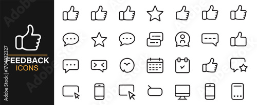 Thin-line feedback icons with comments, ratings, and engagement symbols
