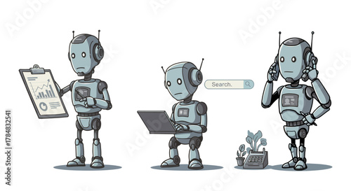 Ai robot automation analyzing business data searching online  talking on phone showcasing digital assistance and tech-driven work solutions.