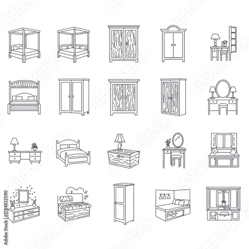 bedroom furniture icons minimalist line art depicting beds wardrobes and vanities ideal for interior design layouts showcasing furniture arrangement plans.