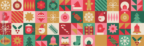 Seamless geometric vector Christmas and holiday pattern grid background. Flat design tile banner with icons like stocking, bell, tree, and festive ornaments.