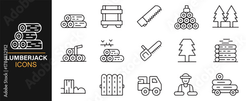 Logging, firewood, and woodcutting tools icon set in simple outline graphics