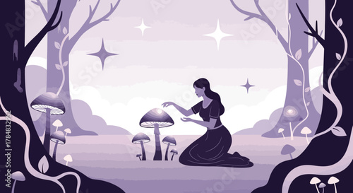 Enchanting encounter of a woman with luminous mushrooms in a mystical forest scenery