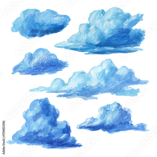 Vector illustration set, eps format, My Watercolor illustration, blue clouds in flight Set painting isolated on a white background, EPS painting design