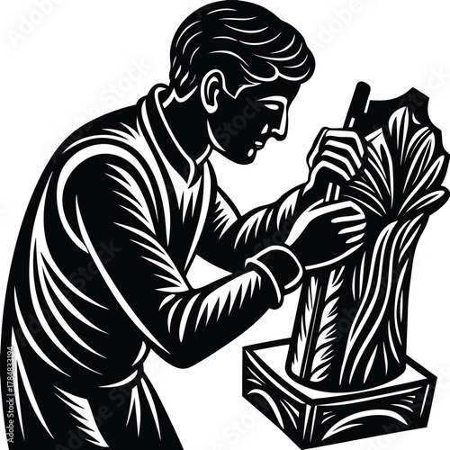 Sculptor Carving Wood Silhouette Vector Art Illustration Design on White Background