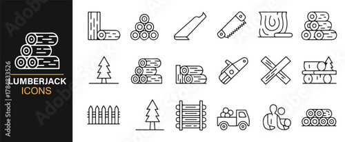 Minimal lumberjack icon set featuring trees, wood stacks, and cutting tools