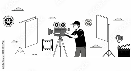 Illustration of a Film Crew in Action on Set with Camera, Lights and a Clapperboard creating a