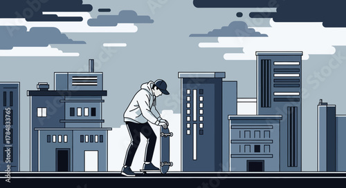 Illustration of a skateboarder in an urban environment with skyscrapers and clouds