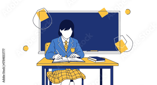 Illustration of a student girl in uniform studying at her desk with a blackboard background