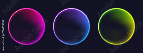 Neon round button. Isolated circle light frame. Color glowing banner, UI vector element for design